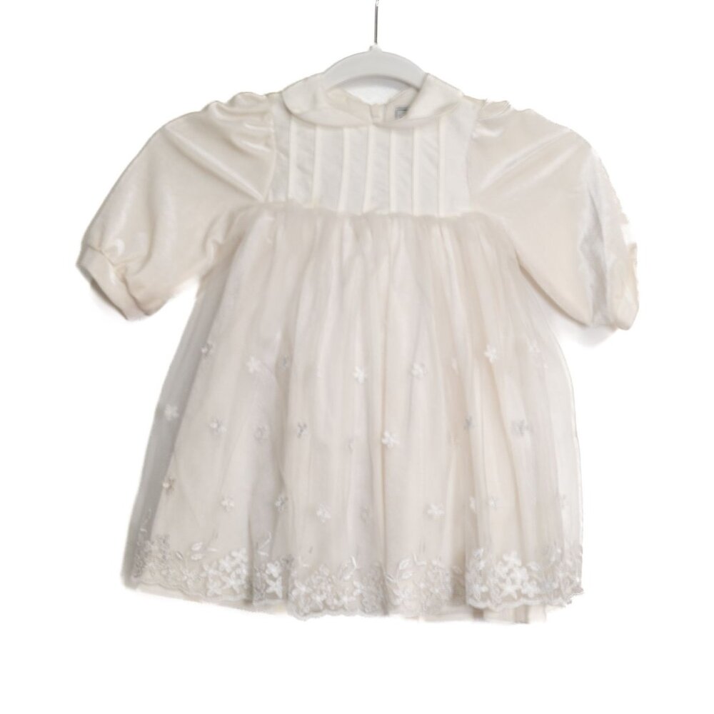 Vintage Style Size M Ivory Baby Girl Dress W/ Floral Embroidery & Bow Long Sleev